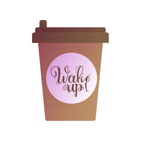 Wake up inscription on coffee cup. Hot morning beverage in paper takeaway cup with lid and inspirational handwritten message flat design vector illustration.のイラスト素材