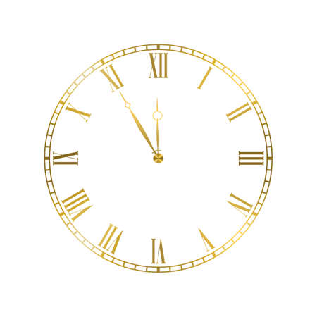 Golden elegant roman numerals clock. Luxury glossy golden clock face dial of round shape vector illustration isolated on white backgroundのイラスト素材