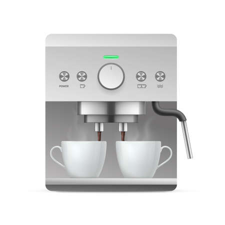 Modern coffee machine. Coffee maker with two cups of hot drink. Kitchen appliance or barista equipment realistic vector illustration isolated on white backgroundのイラスト素材