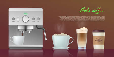 Make coffee banner template. Modern coffee maker machine and various cups of coffee drinks. Coffee shop, cafe, restaurant design realistic vector illustrationのイラスト素材