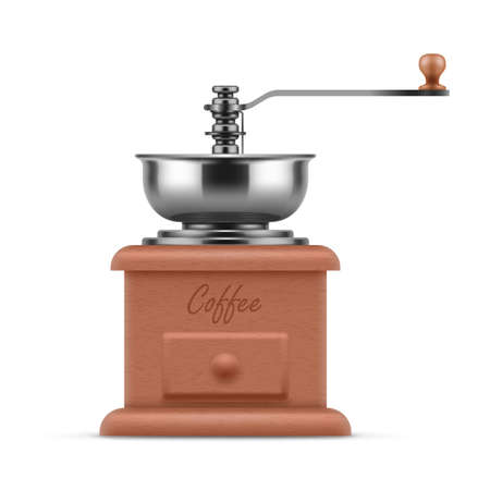 Classic manual coffee grinder. Vintage coffee mill in wooden case. Kitchen utensils or barista equipment realistic vector illustration isolated on white backgroundのイラスト素材