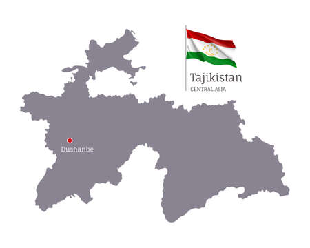 Silhouette of Tajikistan country map. Gray editable map of Tajikistan with waving national flag and Dushanbe city capital, Central Asia country territory borders vector illustration white backgroundのイラスト素材