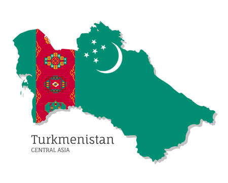 Map of Turkmenistan with national flag. Highly detailed editable map of Turkmenistan, Central Asia country territory borders. Political or geographical design element vector illustration on white backgroundのイラスト素材