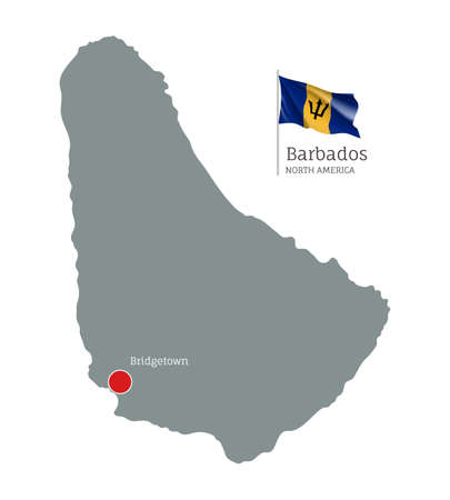 Silhouette of Barbados country map. Gray editable map with waving national flag and Bridgetown city capital, North America country territory borders vector illustration on white backgroundのイラスト素材