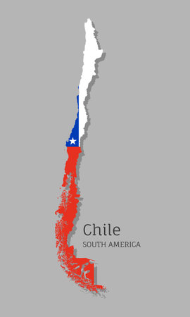 Map of Chile with national flag. Highly detailed editable Chilean map, South America country territory borders. Political or geographical design vector illustration on gray backgroundのイラスト素材