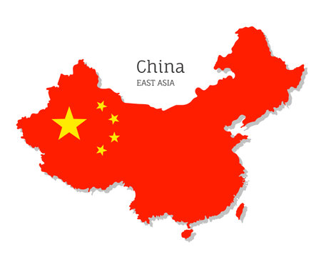 Map of China with national flag. Highly detailed editable map of China, East Asia country territory borders. Political or geographical design element vector illustration on white backgroundのイラスト素材