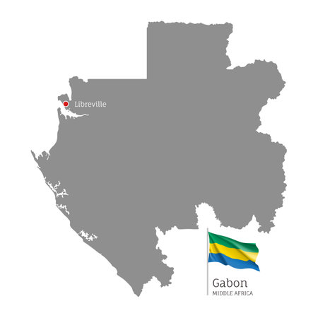Silhouette of Gabon country map. Gray editable map with waving national flag and Libreville city capital, Middle Africa country territory borders vector illustration on white backgroundのイラスト素材