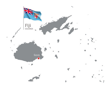 Silhouette of Fiji country map. Gray detailed editable map of Fiji with waving national flag and Suva city capital, Oceania country territory borders vector illustration on white backgroundのイラスト素材