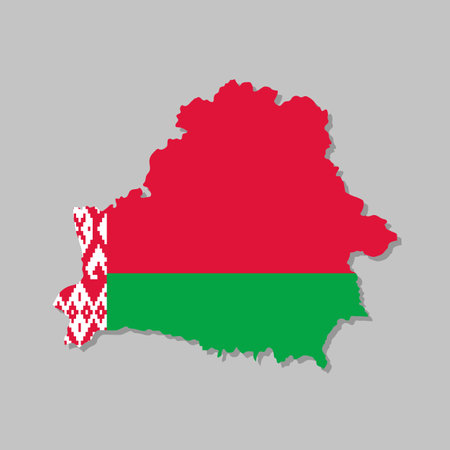 Highly detailed map of Belarus with flag. Silhouette of European country map with Belarusian flag inside vector illustration on light gray backgroundのイラスト素材