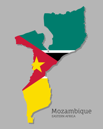 Map of Mozambique with national flag. Highly detailed editable map of Eastern Africa country territory borders. Political or geographical design vector illustration on gray backgroundのイラスト素材