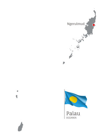 Silhouette of Palau country map. Gray detailed editable map of Palau with waving national flag and Ngerulmud city capital, Oceania country territory borders vector illustration on white backgroundのイラスト素材