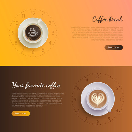Coffee break landing page templates set. Break at work, relaxation during lunch, coffee shop, cafe web page, website or mobile app design. Top view of cups with hot beverages flat vector illustrationのイラスト素材
