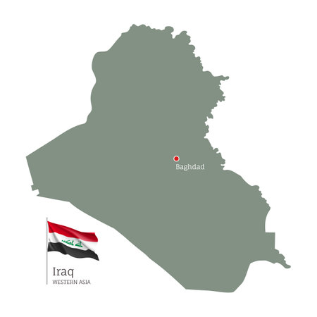 Silhouette of Irak country map. Highly detailed editable map of Irak with national flag and Baghdad capital, Western Asia country territory borders vector illustration on white backgroundのイラスト素材