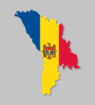 Highly detailed map of Moldova with flag. Silhouette of European country map with Moldavian flag inside vector illustration on light gray backgroundのイラスト素材