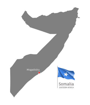 Silhouette of Somalia country map. Gray detailed editable map with waving national flag and Mogadishu city capital, Eastern Africa country territory borders vector illustration on white backgroundのイラスト素材