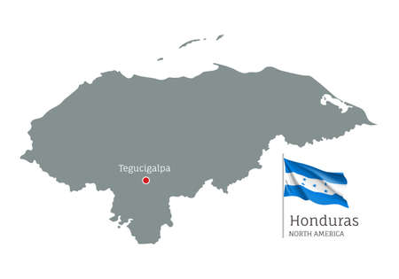 Silhouette of Honduras country map. Gray editable map with waving national flag and Tegucigalpa capital, North America country territory borders vector illustration on white backgroundのイラスト素材