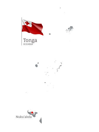 Silhouette of Tonga country map. Gray detailed editable map with waving national flag and Nukualofa city capital, Oceania country territory borders vector illustration on white backgroundのイラスト素材