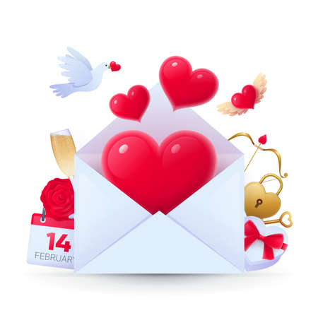 Happy Valentine Day symbols set. Opened envelope with glossy red hearts flying out, romantic love letter. Holiday, wedding, engagement celebration realistic vector illustration on white backgroundのイラスト素材