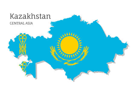 Map of Kazakhstan with national flag. Highly detailed editable map of Kazakhstan, Central Asia country territory borders. Political geographical design element vector illustration on white backgroundのイラスト素材
