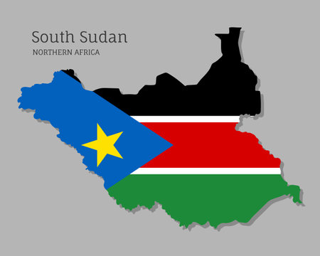 Map of South Sudan with national flag. Highly detailed map of North Africa country with territory borders. Political or geographical design vector illustration on gray backgroundのイラスト素材