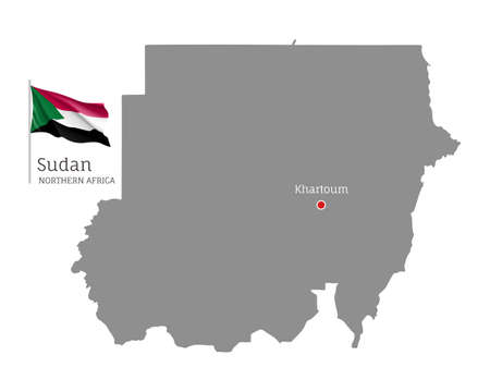 Silhouette of Sudan country map. Gray editable map with waving national flag and Khartoum city capital, North Africa country territory borders vector illustration on white backgroundのイラスト素材
