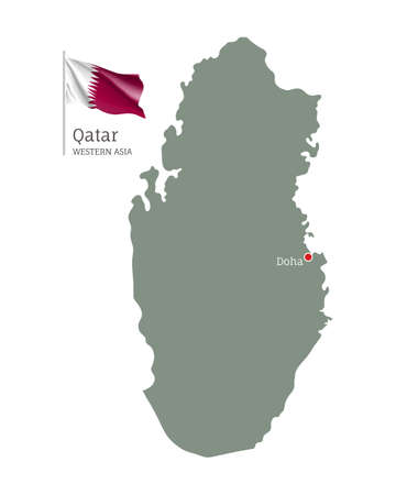 Silhouette of Qatar country map. Highly detailed editable map of Qatar with national flag and Doha country, Western Asia country territory borders vector illustration on white backgroundのイラスト素材