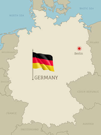 Silhouette of Germany country map. Highly detailed editable Germany map country territory borders with Berlin capital city and waving national flag vector illustrationのイラスト素材