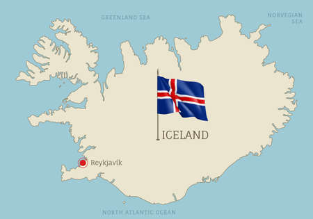 Iceland highly detailed map with territory borders, European country political map with Reykjavik capital city and waving national flag vector illustrationのイラスト素材