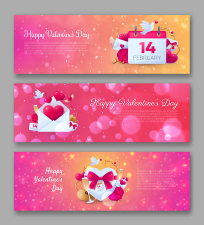 Happy Valentines Day pink banners set. Romantic advertising poster, wedding, party invitation card, flyer, special offer, festive background with space for text vector illustrationのイラスト素材