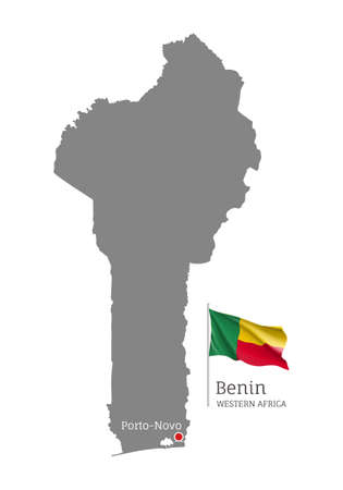 Silhouette of Benin country map. Gray editable map with waving national flag and Porto-Novo capital, Western Africa country territory borders vector illustration on white backgroundのイラスト素材