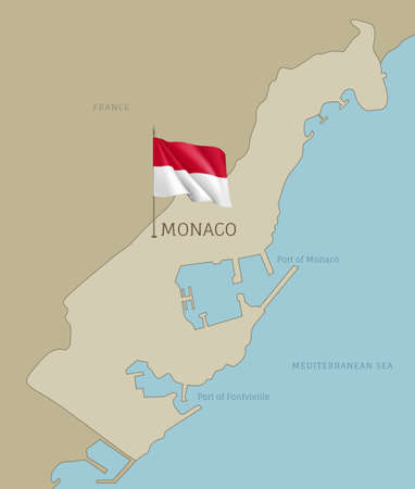 Silhouette of Monaco country map. Highly detailed editable country map territory borders with Monaco capital city and waving national flag vector illustrationのイラスト素材