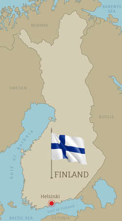 Finland editable map with territory borders, European country highly detailed political map with Helsinki capital city and waving national flag vector illustrationのイラスト素材