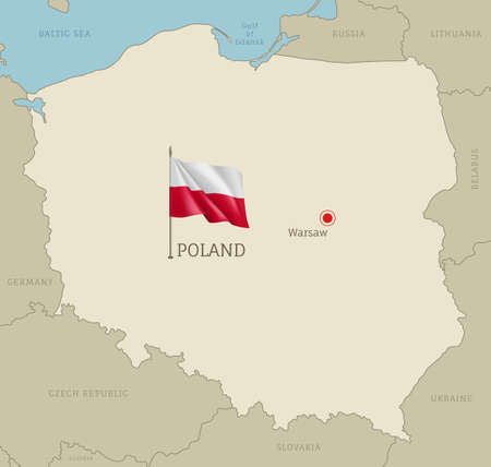 Highly detailed map of Poland territory borders, East European country administrative map with Warsaw capital city and waving national flag vector illustrationのイラスト素材