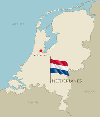 Silhouette of Netherlands country map. Highly detailed editable Netherlands map country territory borders with Amsterdam capital city and waving national flag vector illustrationのイラスト素材