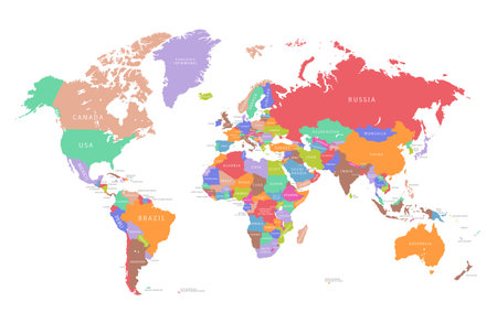 Colored world map isolated on white background. Detailed physical topographical map with countries and borders in different colorsのイラスト素材
