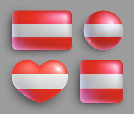 Glossy buttons with Austria country flags set. European country national flag shiny badges of different shapes. Austria symbol in patriotic colors realistic vector illustration on gray backgroundのイラスト素材