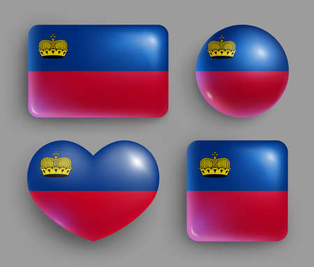 Glossy buttons with Liechtenstein country flags set. European country national flag shiny badges of different shapes. Liechtenstein symbol in patriotic colors realistic vector illustrationのイラスト素材
