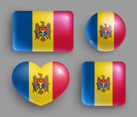 Glossy buttons with Moldova country flags set. European country national flag shiny badges of different shapes. Moldova symbol in patriotic colors realistic vector illustration on gray backgroundのイラスト素材