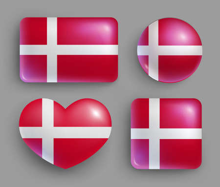 Glossy buttons with Denmark country flags set. European country national flag shiny badges of different shapes. Denmark symbol in patriotic colors realistic vector illustration on gray backgroundのイラスト素材