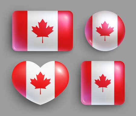 Set of glossy buttons with Canada country flag. North America country national flag, shiny geometric shape badges. Canada symbols in patriotic colors realistic vector illustrationのイラスト素材