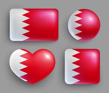 Set of glossy buttons with Bahrain country flag. Arabian country national flag, shiny geometric shape badges. Bahrain symbols in patriotic colors realistic vector illustrationのイラスト素材