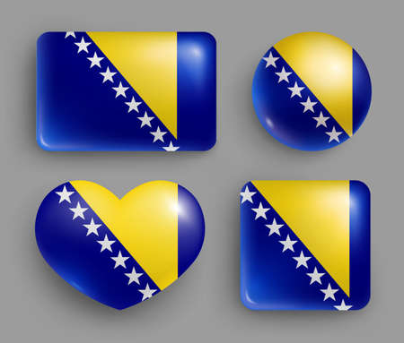 Buttons of Bosnia and Herzegovina country flag set. South Europe country flag shiny badges of geometric shapes, national symbols in patriotic colors realistic vector illustrationのイラスト素材