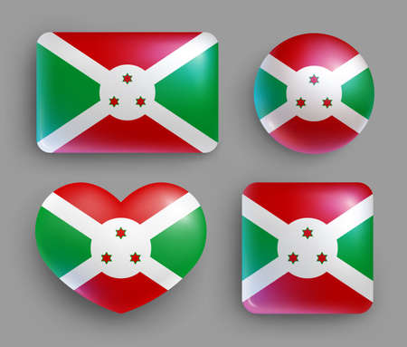 Set of glossy buttons with Burund country flag. Eastern Africa country national flag, shiny geometric shape badges. Burundi symbols in patriotic colors realistic vector illustrationのイラスト素材
