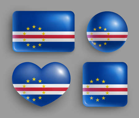 Set of Cape Verde country flag glossy buttons. Western Africa republic national flag, shiny geometric shape badges. Cape Verde symbols in patriotic colors realistic vector illustrationのイラスト素材