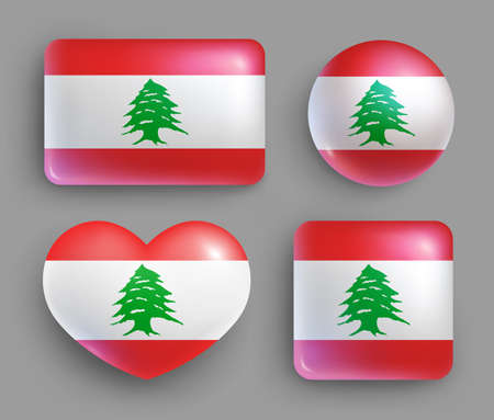 Set of glossy buttons with Lebanon country flag. Middle East country national flag, shiny geometric shape badges. Lebanon symbols in patriotic colors realistic vector illustrationのイラスト素材