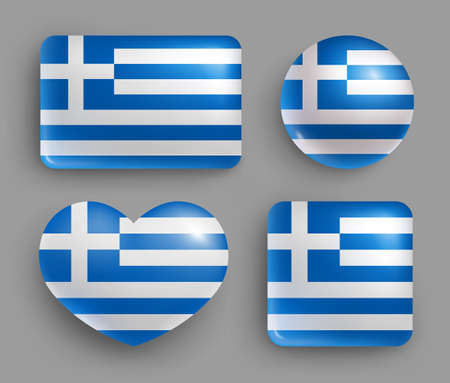 Set of glossy buttons with Greece country flag. South Europe country national flag shiny badges of geometric shapes. Greece symbols in patriotic colors realistic vector illustrationのイラスト素材