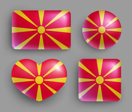 Set of glossy buttons with Macedonia country flag. South Europe country national flag shiny badges of geometric shapes. Macedonia symbols in patriotic colors realistic vector illustrationのイラスト素材