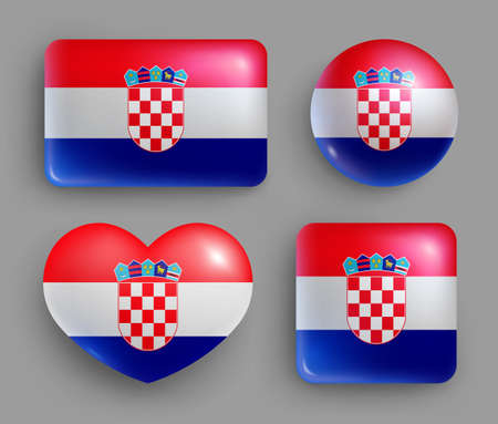 Set of glossy buttons with Croatia country flag. Europe country national flag shiny badges of geometric shapes. Croatia symbols in patriotic colors realistic vector illustrationのイラスト素材