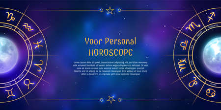 Your personal horoscope chart and glow zodiac sign. Astrology prediction banner, poster, with shiny...