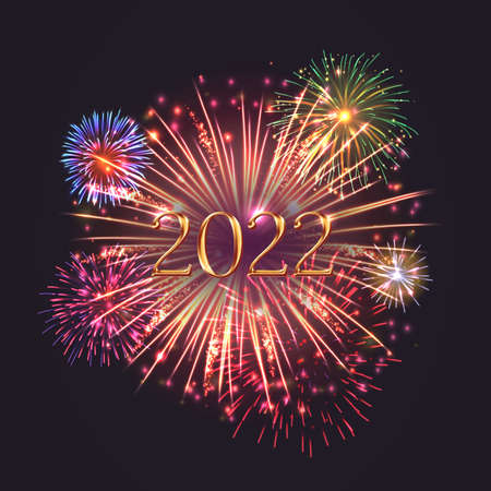 Happy New Year card with multi colored fireworks. 2022 Merry Christmas festive banner with congratulatory quote. Invitation card, calendar, poster design realistic vector illustrationのイラスト素材